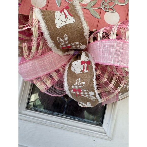 Beige Pink Easter Blessings Deco Mesh Ribbon Spring Wreath Front Door Hanger - Picture 5 of 8